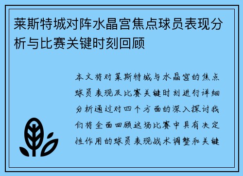 莱斯特城对阵水晶宫焦点球员表现分析与比赛关键时刻回顾 莱斯特城对阵水晶宫焦点球员表现分析与比赛关键时刻回顾